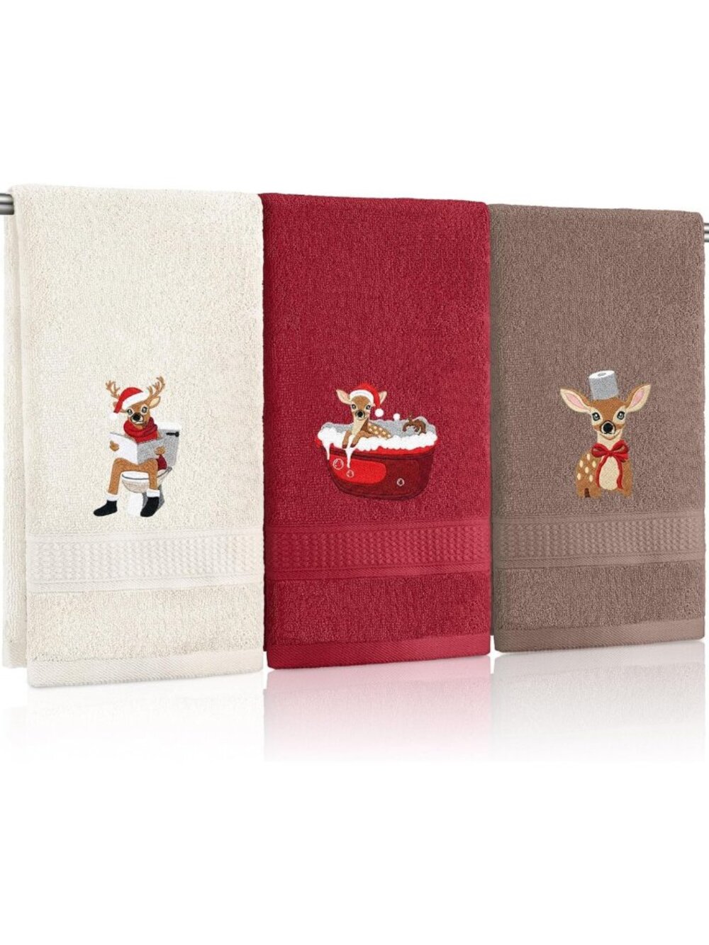 Set of 3 Festive Christmas Reindeer Hand Towels for Bathroom Decor, Red & Brown